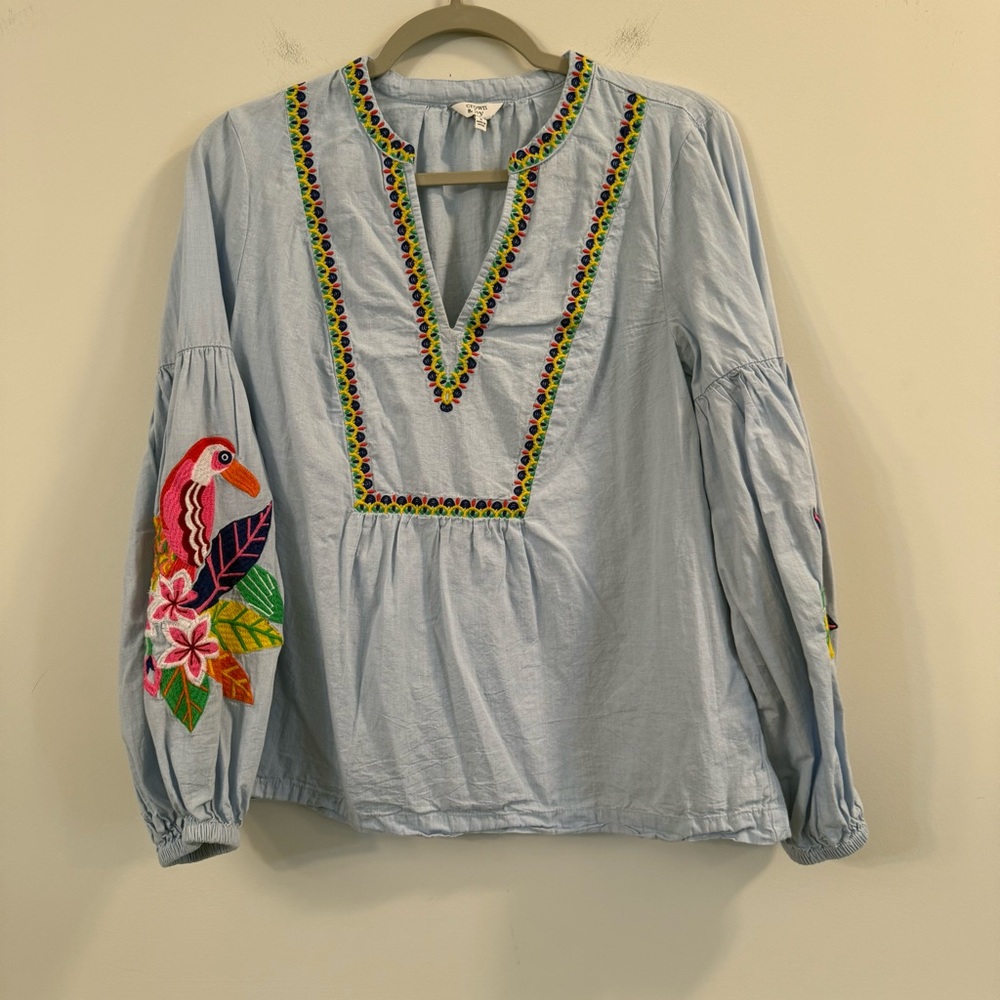 Crown & Ivy Light Blue Embroidered Tuscan bird Blouse